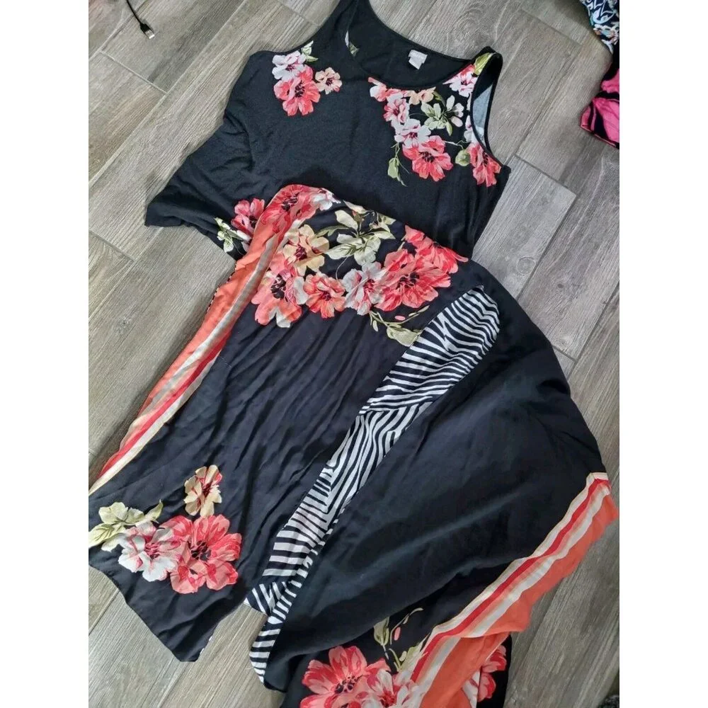Chicos Women Black Floral Open Front Short Sleeve Casual Comfort W/ Matching Top - Picture 1 of 4